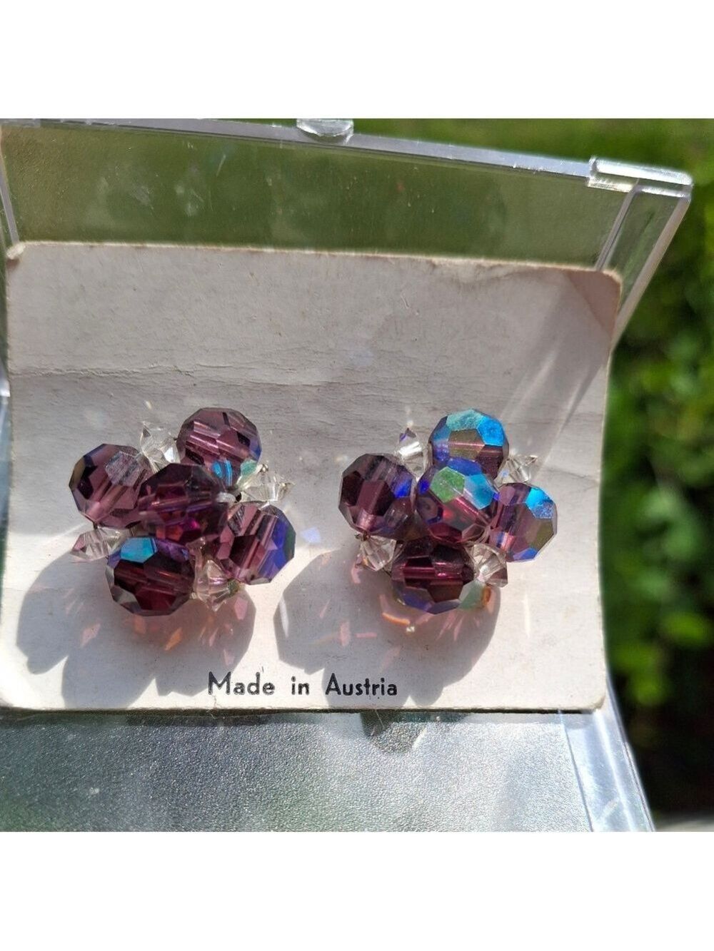 Austria purple Aurora borealis beaded clip on silver earrings New